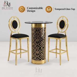 Mesa de Cóctel con Base de Acero Inoxidable Negro y Dorado con Diseño de Rejilla de Diamantes y Vidrio Templado con Acabado de Espejo para Fiestas de Cócteles - Product Image 1