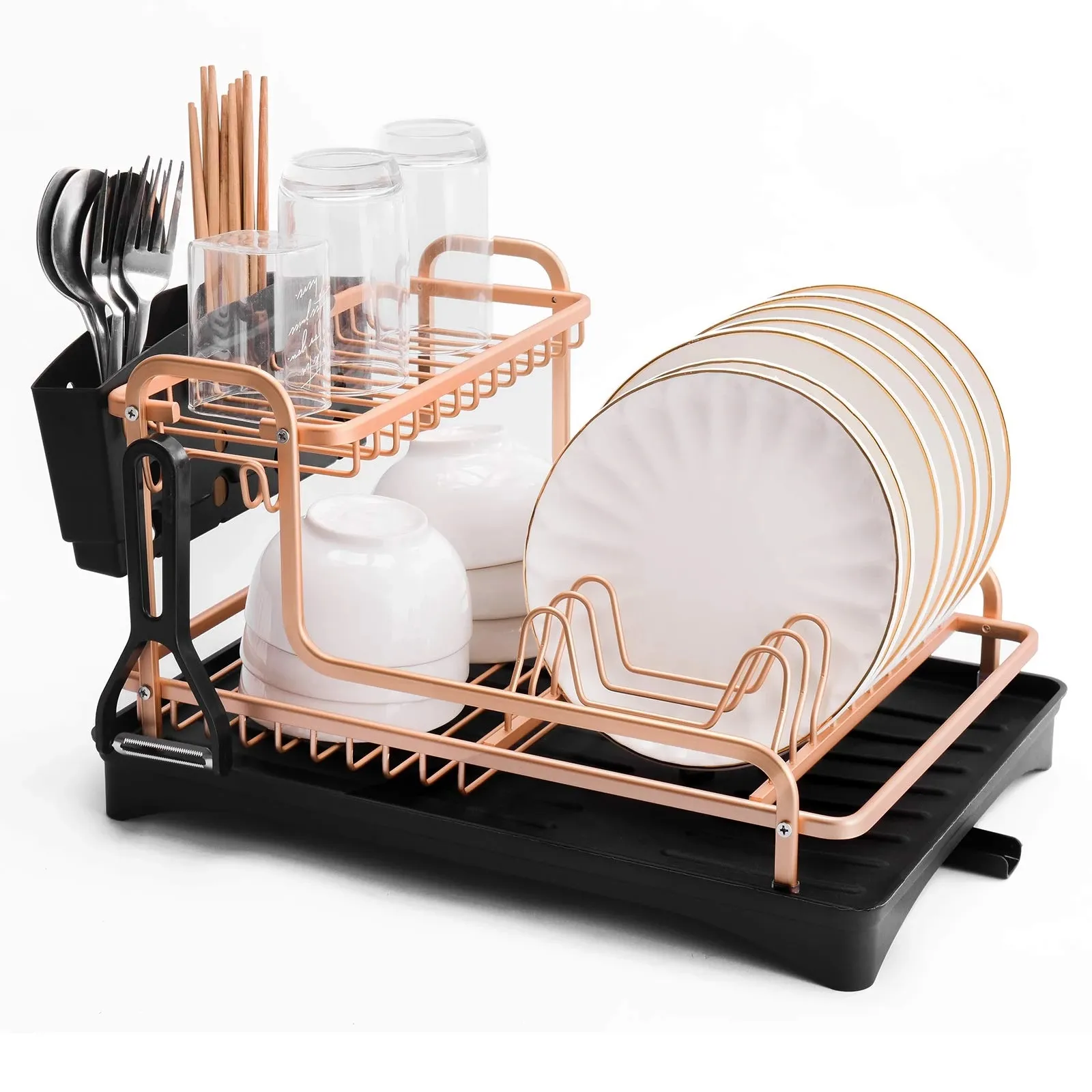 DS1323 Kitchen Organizer Drainer Plate Holder Cutlery Storage Shelf Double Layer Aluminum Alloy Sink Stand Dish Drying Rack
