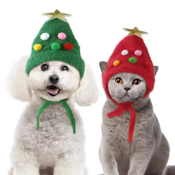 New product idea Christmas pet hat headgear Christmas tree shape cat dog hat saliva towel set