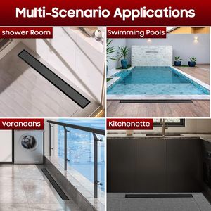 Saringan Pembuangan Air Mandi Linear Hotel Modern AISI 304 Hitam 2-in-1 Panel Sisipan Ubin Kaki Dapat Disesuaikan Ringan Persegi Panjang Panjang - Product Image 6