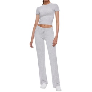 Ready Stock <b>Women</b> Solid Color T Shirt Pants Set Short Sleeve Casual Streetwear <b>Outfit</b> Custom Logo Polyester/Spandex <b>2</b>-<b>Piece</b> Long - Product Image 2