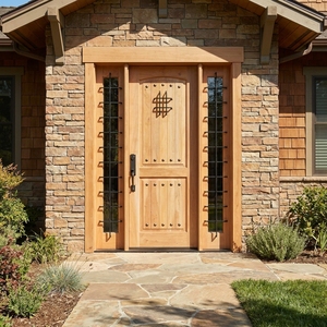 Porte d'entrée rustique sud-ouest en teck massif et bois d'acajou avec grilles en fer forgé et panneaux latéraux assortis - Product Image 2