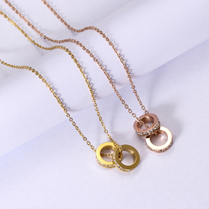 European American Style 304 Stainless Steel <b>Necklace</b> 7MM Double <b>Ring</b> Full Circle Diamond Pendant Simple Women's Clavicle Chain - Product Image 4