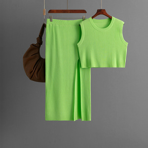 Blubelle Summer Casual Vertical Ribbed Knit Relaxed Fit Washable Two-Piece Set for Women Sleeveless Tank Top + <strong>Split</strong> Midi <strong>Skirt</strong> - Product Image 3