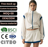 Ensemble de survêtement zippé color block blanc et bleu pour femme, col montant, manches longues, tenue de sport deux pièces, mode été
