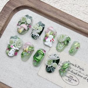 Venta al por mayor de puntas de <span class=keywords><strong>uñas</strong></span> acrílicas 3D con temática de sirena oceánica, certificadas CE, hechas a mano, con diseño de conejo verde y almendra, ideales para regalo. - Product Image 6