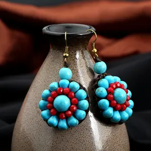 Indian Jewelry Hook Earrings Light Blue Red Resin Beads Flower Turquoise Earrings Drop Earrings