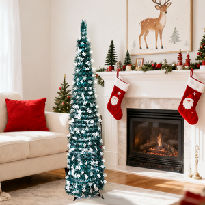 Sapin de Noël en PVC pliable de 1,5 m, vert paon, flocon de neige argenté, sapin de Noël rétractable, décorations de cheminée au sol - Product Image 6