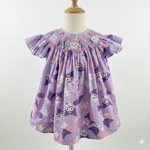 Vestido de Algodón para Niñas con Estampado de Conejo Morado, Estilo Boutique, Bordado a Mano, Mangas con Volantes - Product Image 2