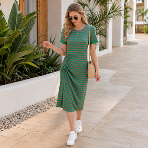 Vestido Midi de Punto a Rayas Verdes para Mujer, Manga Corta, Cuello Redondo, Fruncido, Ajustado, Informal, de Verano, Transpirable, de Algodón - Product Image 4