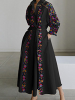 Robe longue bohème vintage à imprimé floral pour femme, manches longues, col en V, revers, poches, taille naturelle, respirante