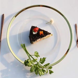 <span class=keywords><strong>Assiette</strong></span> plate transfrontalière en verre à bord doré avec incrustation dorée, style occidental, pour steak, fruits, collations et présentation - Product Image 1