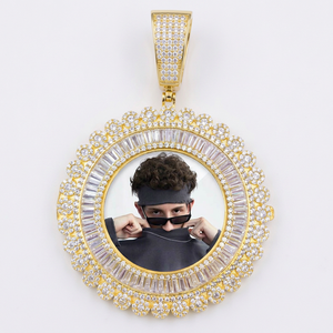 Luxury <b>Solid</b> <b>Gold</b> Plated Diamond <b>Pendant</b> With Baguette Cut Stones Round Photo Frame Unisex Daily Wear Charm - Product Image 1
