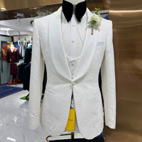 Costume de mariage décontracté trois pièces pour homme, coupe ajustée, fermeture éclair, col en V, tissu peigné, anti-rétrécissement, polyester/coton/soie