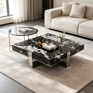 Modern Black Marble Coffee <b>Table</b> with Metal Frame Contemporary Living Room Furniture <b>Nesting</b> Design - Product Image 1