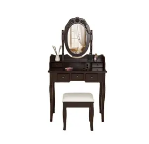 棕色梳妆台带镜子凳5抽屉化妆梳妆台套装复古梳妆台卧室木质梳妆台