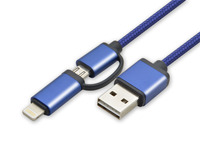 Câble USB 2-en-1 OEM en gros d'usine, Micro USB avec adaptateur iPhone, 480 Mbps, câble tressé avec coque en aluminium