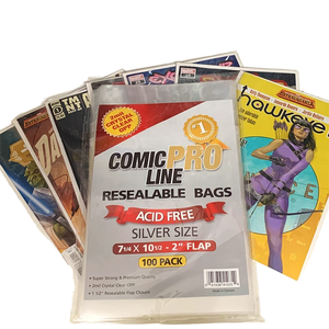 Comic Pro Line Resealable Comic <b>Bags</b> Silver Size 7 1/4 X 10 1/2 Acid Free 100 <b>Pack</b> - Product Image 1