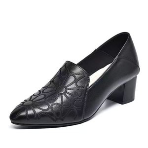 Factory Wholesale Premium Leather Black Pointed -toe Chunky Heel on Women's <b>Pumps</b> for Luxury High Heels Shoes - Product Image 5