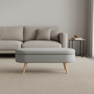 Oval <b>Storage</b> Ottoman Bench Grey Fabric Rubber Wood Legs 43.5x16x16 Inches Midcentury Modern Living Room Furniture - Product Image 2