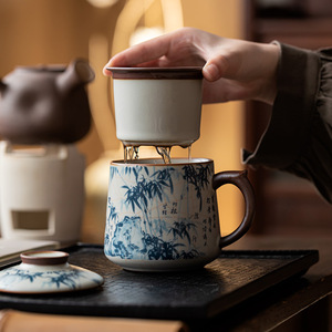 Guanlan Ru Kiln Ceramic <b>Mug</b> With Lid <b>Large</b> Capacity Tea Water Separator Oriental Design Office Use - Product Image 1