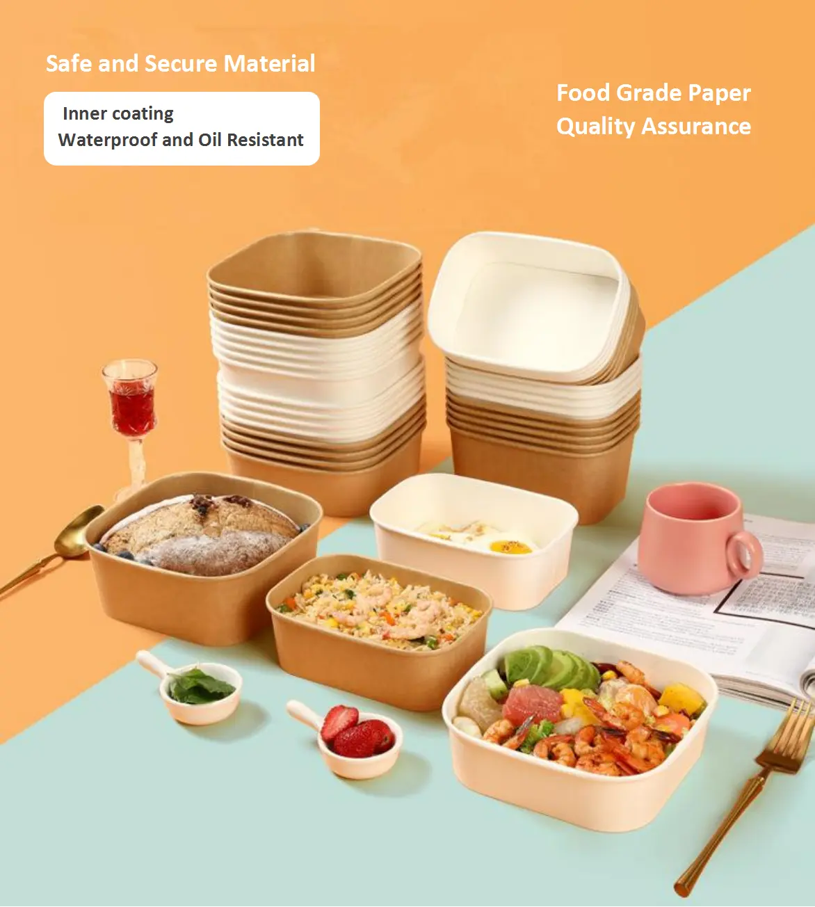 Récipient en papier kraft jetable pour restauration rapide emballage recyclable pour déjeuner à emporter boîte à aliments bento boîte avec logo personnalisé