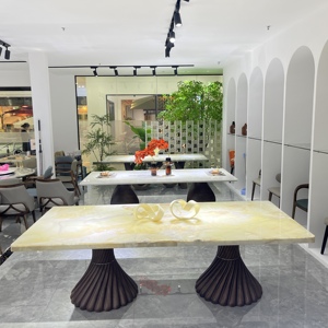 Tùy chỉnh cao cấp đá tự nhiên đồ nội thất hiện đại ngọc tự nhiên hình chữ nhật đá cẩm thạch bàn ăn rắn chân gỗ 2.4 mét - Product Image 3