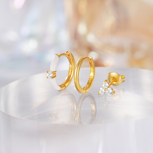 CANNER Ensemble de 3 boucles d'oreilles en argent sterling 925, triple diamant, trois zircons, trèfle, émail blanc, boucles d'oreilles créoles pour femmes - Product Image 4