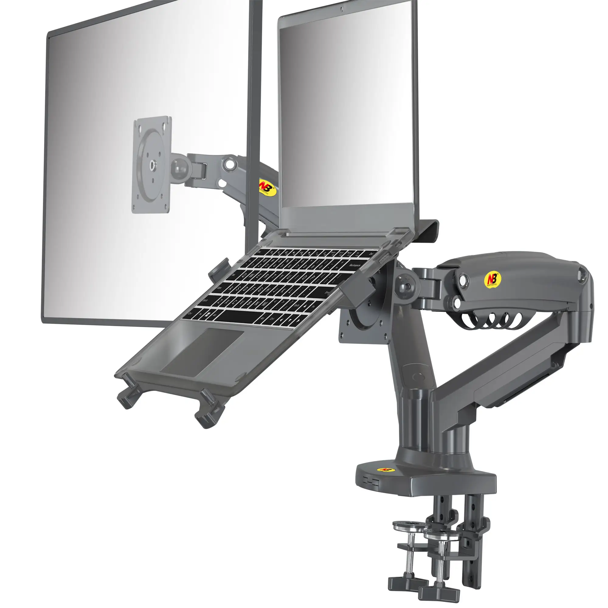 Soporte para portátil con bandeja ajustable para portátil de 10-17 pulgadas y brazo de monitor de movimiento completo con placa VESA para monitor de 17-30 pulgadas