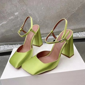 Large Size 45 Women Square Toe Rhinestone Mary Jane Sandals Candy Colors Party Chunky High Heels Wide Fit Satin <b>Shoes</b> - Product Image 4