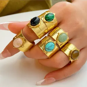 Anillo de apertura de piedra natural de cristal verde de acero inoxidable, anillo chapado en oro de 18 quilates, anillo bohemio para mujeres y hombres - Product Image 1
