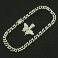 Chaîne cubaine 13 mm Iced Out avec pendentif papillon en alliage et strass, collier ras du cou style Hip Hop