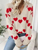 Pull en maille jacquard à motif cœur pour femme, col en V, manches longues, coupe ample, motif cœur ajouré, doux, romantique, décontracté