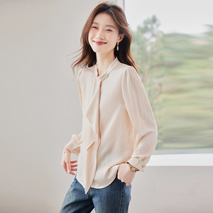 White Women's Chiffon Shirt With Ribbon <b>Tie</b> Long Sleeve Office Blouse Solid Color <b>Polyester</b> Fabric Q9977 - Product Image 4