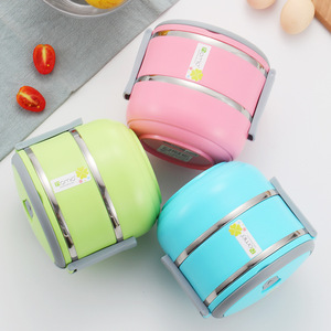 Stainless Steel Sealed <b>Lunch</b> <b>Box</b> Round Double Layer Pink Green Blue For Students Office Workers - Product Image 2