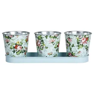 RD49 Esschert design 3 Pots on Tray Home Decoration Rose Printed Galvanized Zinc Mini Indoor Plant Flower Pots