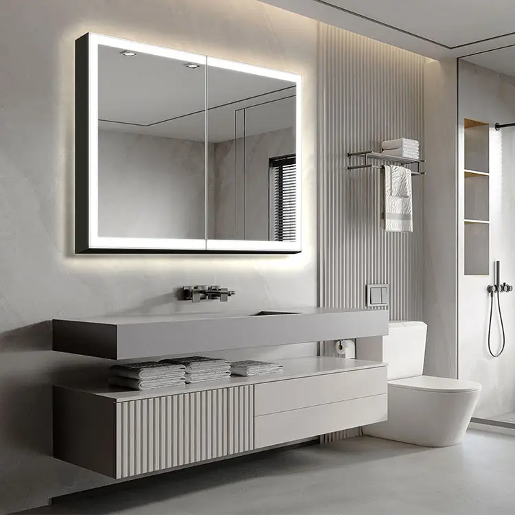 Modern otel alüminyum koyu siyah alüminyum LED banyo dolabı ile banyo aynası ışık