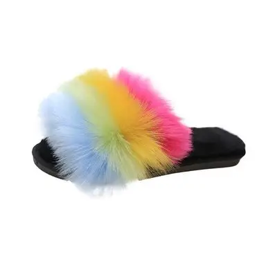 Hot sale rain bow plush slippers winter cotton keep warm fuzzy slides Europe and America fashion home plush slippers