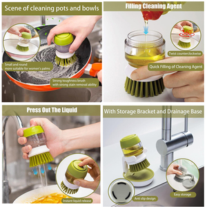 Cepillo de limpieza ecológico al por mayor para cocina doméstica, con dispensador de jabón para platos, cerdas suaves y mango de nailon. - Product Image 4
