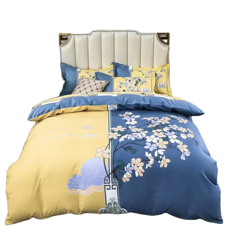 High-end designer luxury cotton bedsheets four-piece yellow and blue flower printing bedding