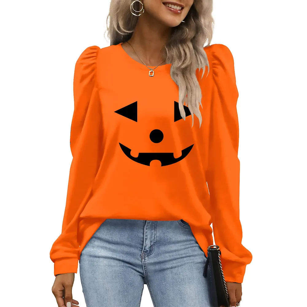 Sudaderas de cuello redondo para mujer Moda Puff Sleeve Mujer Halloween Manga larga Hocus PocusShirt Calabaza Esqueleto Sudadera