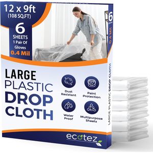 ผ้าคลุมพลาสติกขนาดใหญ่ Ecotez 12x9 ฟุต 6 แผ่น ป้องกันสี ป้องกันเฟอร์นิเจอร์ กันน้ำ กันฝุ่น - Product Image 1