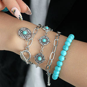 the United States new combination <b>bracelet</b> retro personality round turquoise embellishment 4-piece <b>set</b> <b>bracelet</b> wholesale - Product Image 1