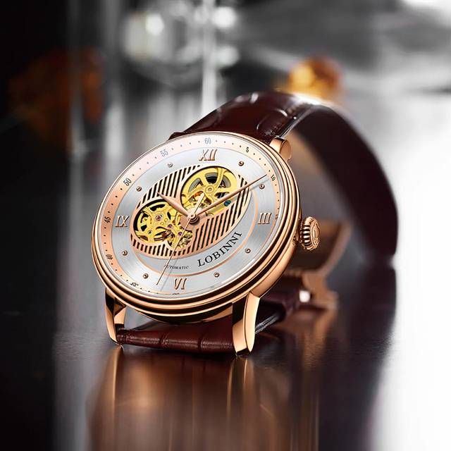 For LOBINNI High Quality Men's Skeleton Fashion Watch Automatic Hollow-out Leather Band Pointer Dial Display Mechanical Movement
