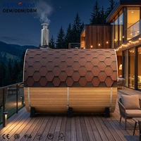 Sauna extérieur traditionnel pour 4 à 6 personnes, design en forme de baril avec porche en bardeaux d'asphalte, chauffage au bois, spa de jardin pour villa