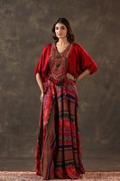 Robe longue de style kaftan brodée rouge, imprimé tribal, élégante, tenue ethnique pour fêtes, mariages, festivals, pour femmes
