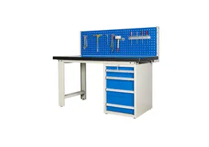 Mesa de herramientas de taller ajustable de acero de alta calidad con placas colgantes dobles y cuatro cajones