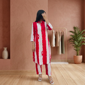 Ensemble pantalon et robe midi à col contrastant rayé rouge et blanc, manches trois quarts, en coton tissé, séchage rapide, tenue décontractée d'été - Product Image 4