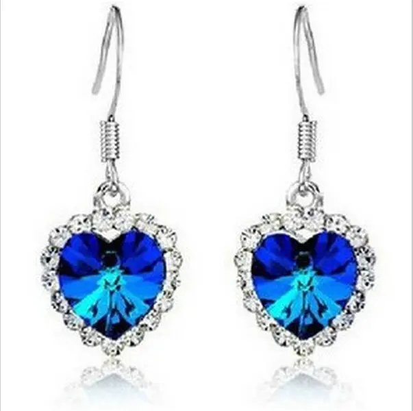 Fashion Blue Heart Crystal Diamond Drop Earrings Titanic Love Valentine's Day Jewelry Gifts