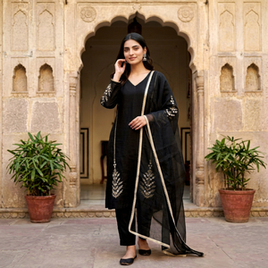 <b>Women</b> Black Cotton Ankle-Length Traditional <b>Kurta</b> Set Embroidered Dupatta Regular Fit All Seasons Casual Wear India Pakistan - Product Image 1